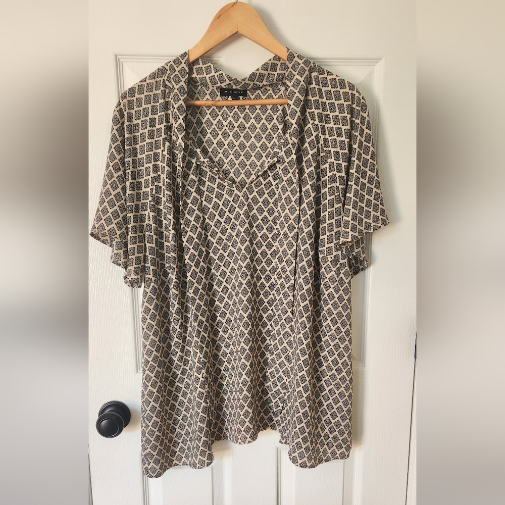 Pleione Black & Cream Geometric Tie Neck Blouse